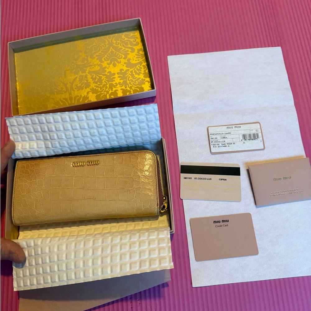 Miu Miu faded pink/tan Croc zip Wallet like new/original packaging/COA